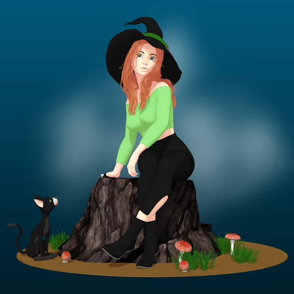 Cute Witch Sitting Her Cat Space Adding Text Ideal Invitations — Stock Photo, Image