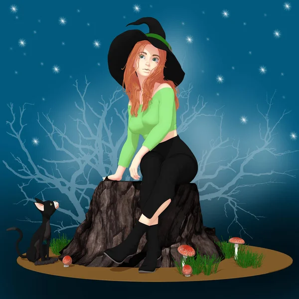 Милая Ведьма Традиционной Черной Шляпе Сидящая Своим Котом Идеально Подходит — стоковое фото