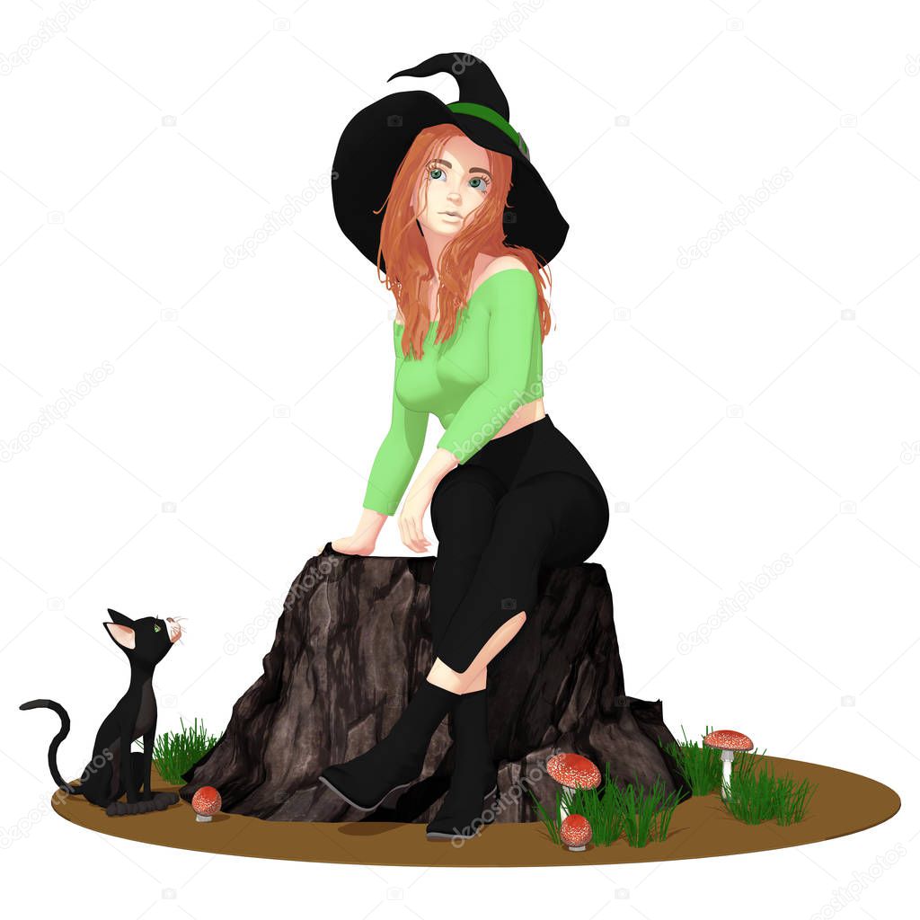 A cute witch sitting with her cat. Space for adding text. Ideal for invitations, printed media, web site images and perfect for cozy witch or childrens book covers. One of a series