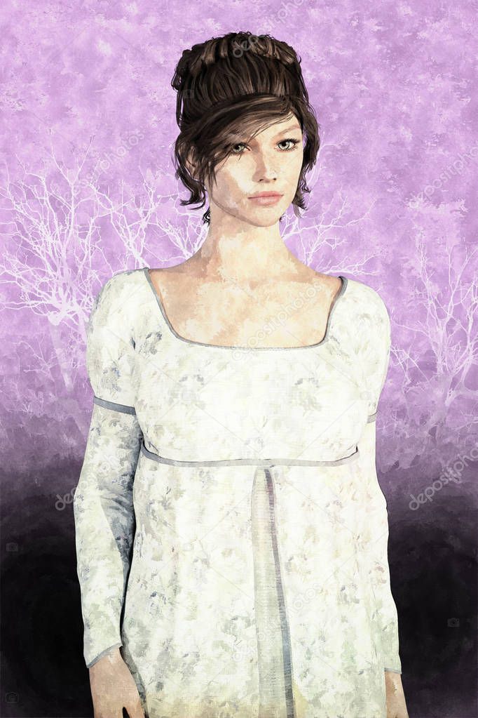 Beautiful woman character in period costume. Particularly suited to Regency Romance, Austen and Mr Darcy fan fiction design and book cover art. One of a series.