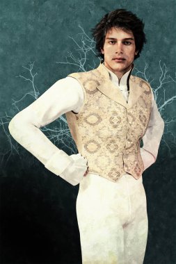 Yakışıklı Bay Darcy stil karakter gösterimi. Dönem kostüm şık erkek karakter. Regency romantizm için uygun özellikle, Austen ve Mr Darcy fan kurgu tasarımı ve kitap sanat kapsamaktadır. Biri bir dizi.