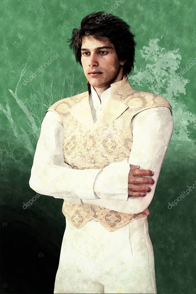Illustration of a handsome Jane Austen style character. Elegant male character in period costume. Particularly suited to Regency Romance, Austen and Mr Darcy fan fiction design and book cover art. One of a series