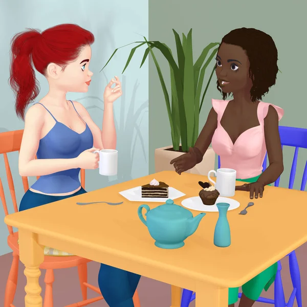 Dwóch przyjaciół jeść tort i picie herbaty — Zdjęcie stockowe