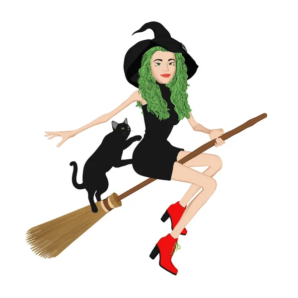 Pretty Witch Wearing Black Hat Flying Her Broom Her Black — Stock Photo, Image