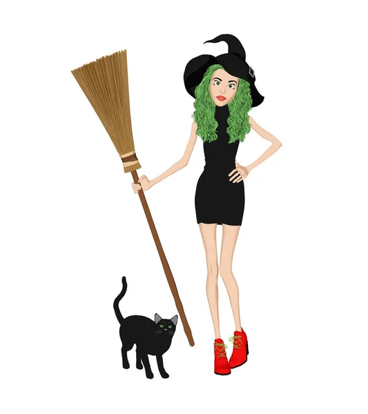 Roztomilý Čarodějnice Drží Koště Její Černá Kočka Její Straně Ideální — Stock fotografie
