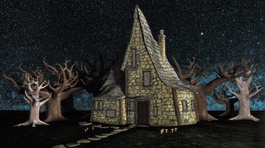 Spooky Halloween cadı yazlık ya da ev. Davetiyeler, basılı medya, web sitesi görüntüleri ve rahat cadı veya çocuk kitabı için mükemmel bir arka plan için ideal kapsar. Biri bir dizi.