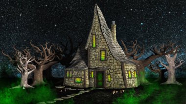 Spooky Halloween cadı yazlık ya da ev ile parlayan sonuç. Davetiyeler, basılı medya, web sitesi görüntüleri ve rahat cadı veya çocuk kitabı için mükemmel bir arka plan için ideal kapsar. Biri bir dizi.
