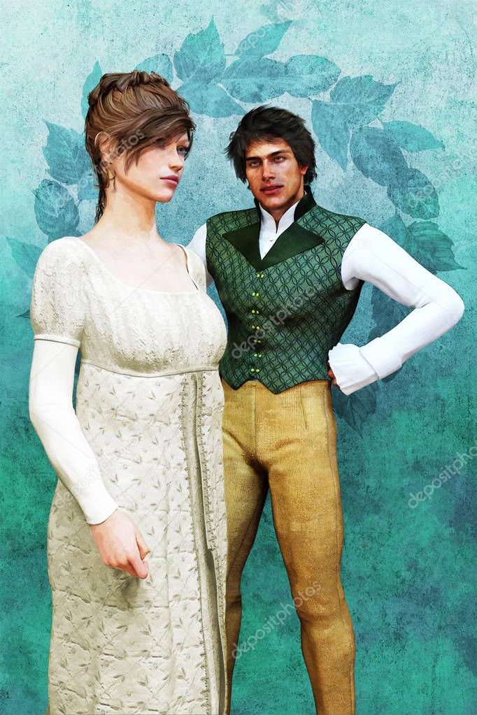 Romantic young Georgian man and woman in period costume. Particularly suited to Regency Romance, Austen and Mr Darcy fan fiction design and book cover art. One of a series of Regency style illustrations.