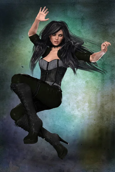 Beautiful scarred CG female urban fantasy paranormal character jumping in the air. This figure is particularly suited to book cover art and design in a wide range of genres including time travel, paranormal, urban fantasy and science fiction.