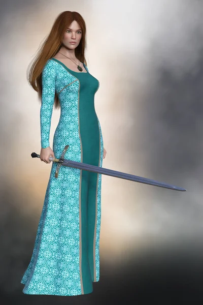 Krásná Středověká Žena Držící Meč Vhodné Zejména Pro Knihu Kryt — Stock fotografie