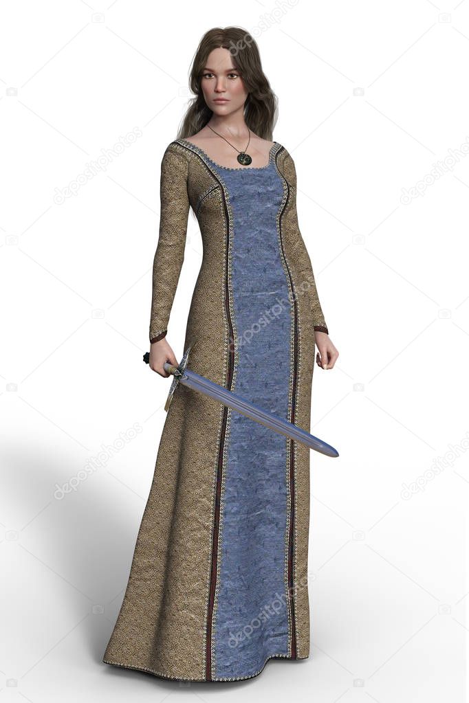 3D beautiful medieval woman holding a sword. Particularly suited to book cover art and design in the historical and highlander romance, fantasy, elven genres.