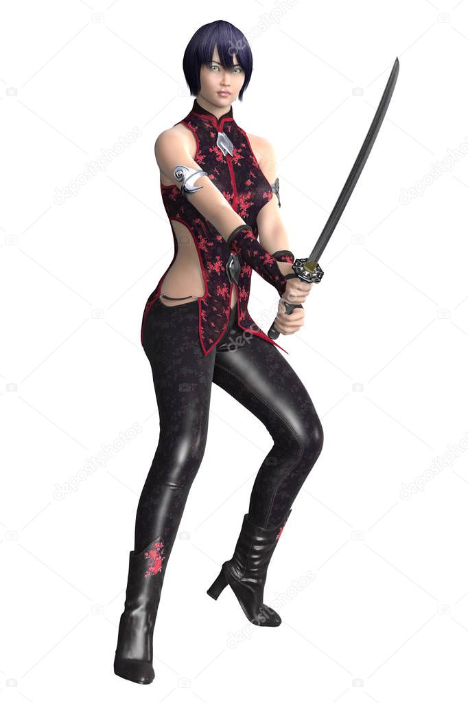 Strong beautiful 3d female urban fantasy RPG character with attitude. Holding a katana sword. Rendered in a softer style suitable for book cover design, this female CG character is particularly suited to fantasy, Gamelit, superhero, sci-fi, and LitRP