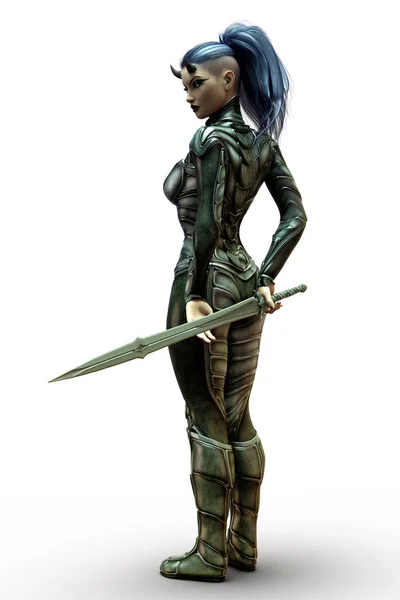 Assertief zwaard houden vrouwelijke krijger geïsoleerd — Stockfoto