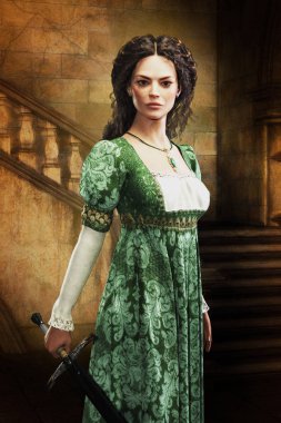 Bir 3d dijital illüstrasyon Rönesans kostüm bir şatoda asil bir kadın. Uygun özellikle kitap örtmek sanat ve tasarım tarihi ve highlander romantizm, fantezi, Elf Tarzlar.