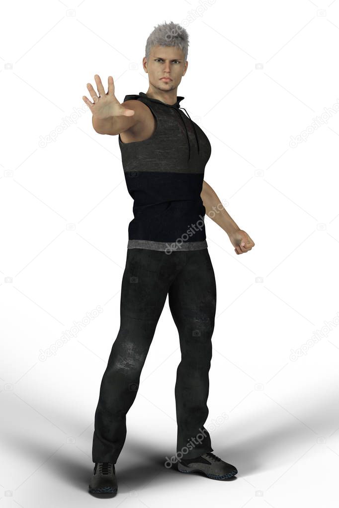 Particularly suitable for ebook and book cover design work, this male 3D rendered urban fantasy-style character is in a ready to fight magical casting pose.  One of a series.