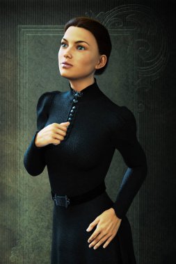 Bir 3d dijital boyalı tarzı resimde siyah Victoria tarzı kostüm içinde bir kadın. Özellikle Viktorya dönemi tarihi Romance için uygun, kovboy ve Victoria dönemi tasarım ve kitap kapak. 