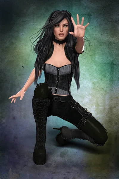 Beautiful scarred CG female urban fantasy paranormal character in a kneeling spell casting pose. This figure is particularly suited to book cover art and design in a wide range of genres including time travel, paranormal, urban fantasy and science fi