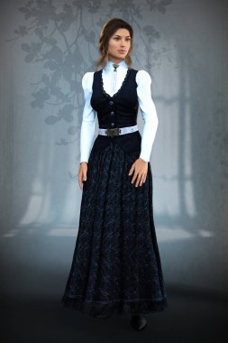 Bir kadının Victoria tarzı kostümlü bir 3d dijital hale. Özellikle Viktorya dönemi tarihi Romance için uygun, kovboy ve Victoria dönemi tasarım ve kitap kapak. 
