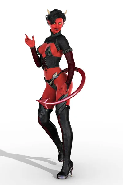 Render of a sexy full figure pose she devil woman or succubus isolated on white background. Suited to a range of design work including book cover art.