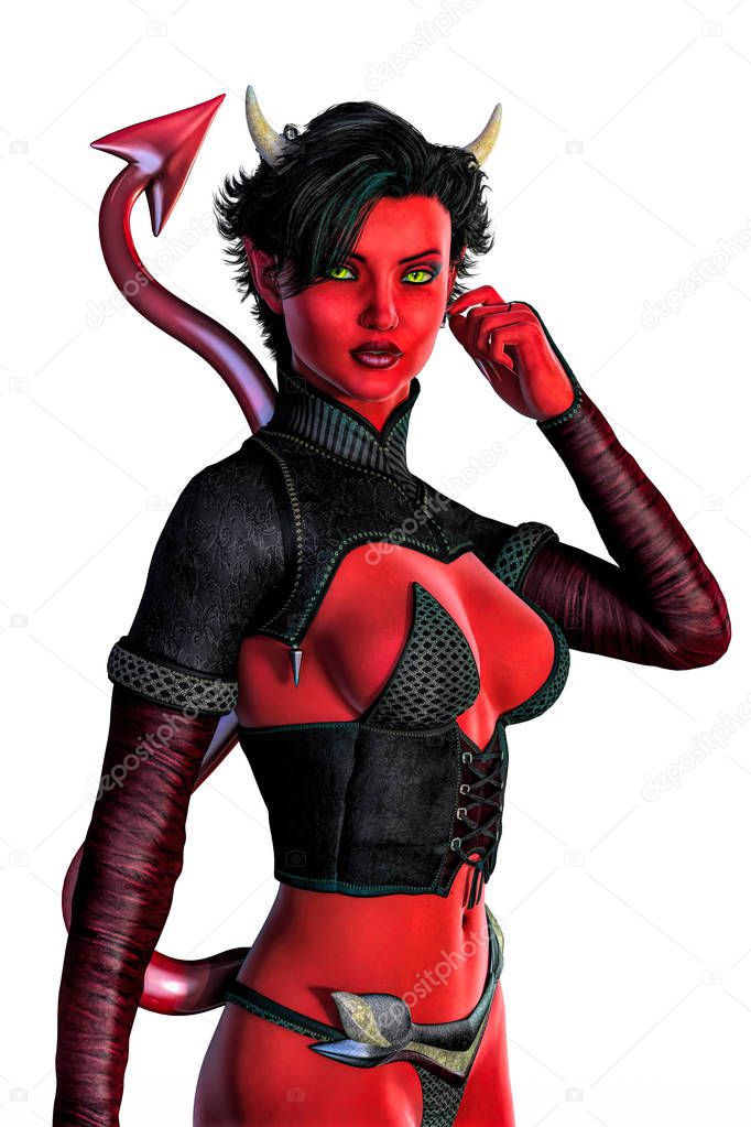 Render of a sexy she devil woman or succubus isolated on white background. Suited to a range of design work including book cover art.