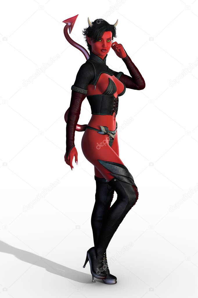 Render of a sexy full figure pose she devil woman or succubus isolated on white background. Suited to a range of design work including book cover art.