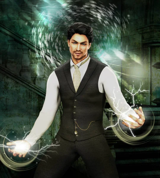 Illustration Rendered Magical Handsome Man Casting Spells — Stock Photo, Image