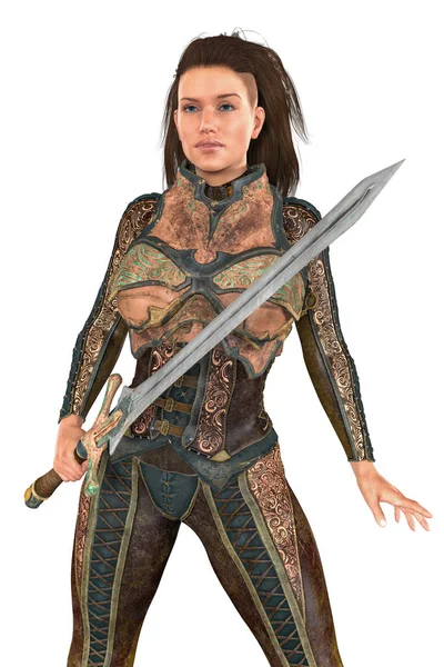 Guerreiro Fantasia Feminina Segurando Uma Espada Esta Figura Renderizada Estilo — Fotografia de Stock