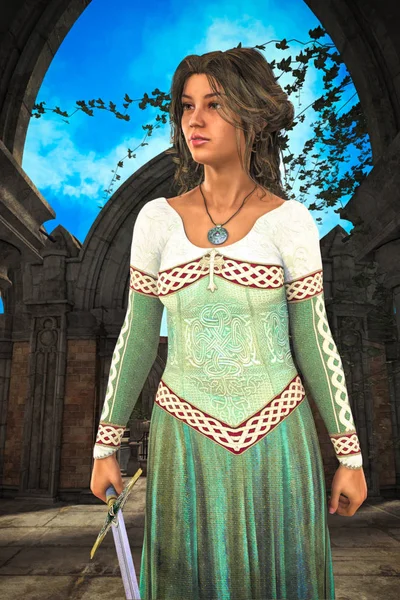 A 3D digital illustration of a noble woman in medieval costume. Particularly suited to book cover art and design in the historical and highlander romance, fantasy, elven genres.