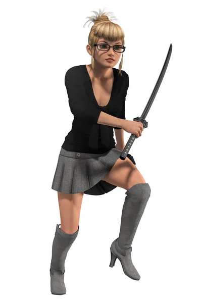 Nerd Frau mit Brille und Schwert isoliert — Stockfoto