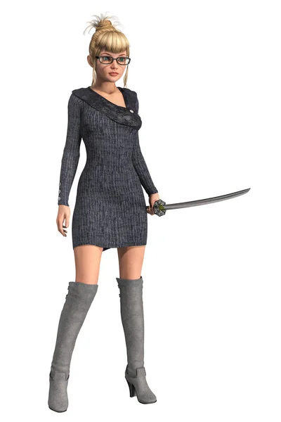 Illustration Pretty Nerd Woman Holding Katana Sword Figure Rendered Softer — Stock Photo, Image