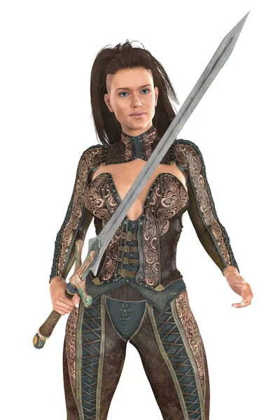 Female Fantasy Warrior Holding Sword Figure Rendered Softer Illustrative Style — Stock Photo, Image