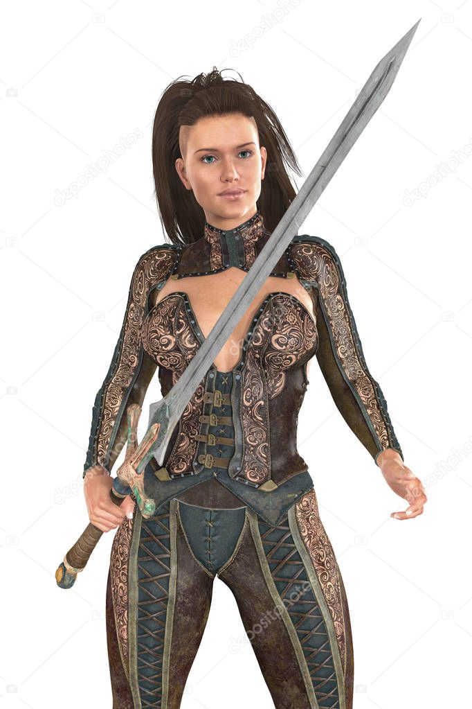 3D female fantasy warrior holding a sword. This figure is rendered in a softer illustrative style particularly suited to book cover art work. One of a series.