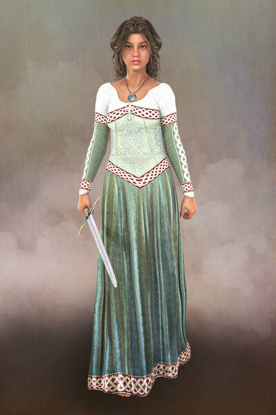 An isolated 3D digital illustration of a noble woman dressed in medieval costume. Particularly suited to book cover art and design in the historical and highlander romance, fantasy, elven genres.