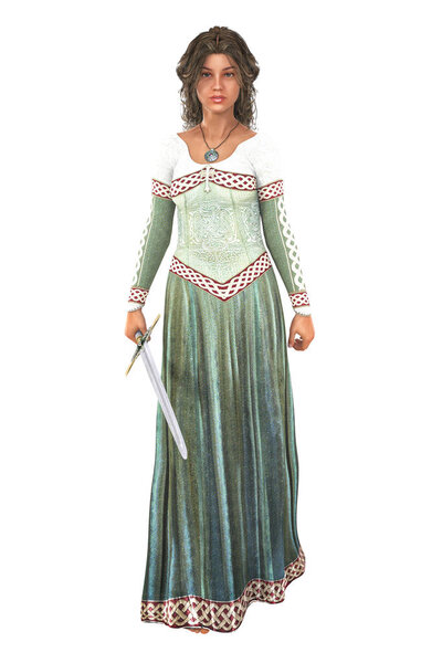 An isolated 3D digital illustration of a noble woman dressed in medieval costume. Particularly suited to book cover art and design in the historical and highlander romance, fantasy, elven genres.