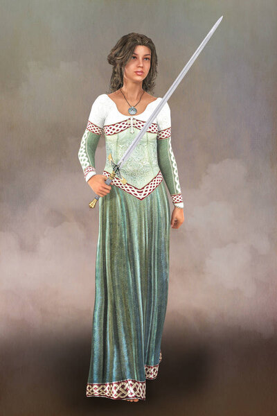 An isolated 3D digital illustration of a noble woman dressed in medieval costume. Particularly suited to book cover art and design in the historical and highlander romance, fantasy, elven genres.