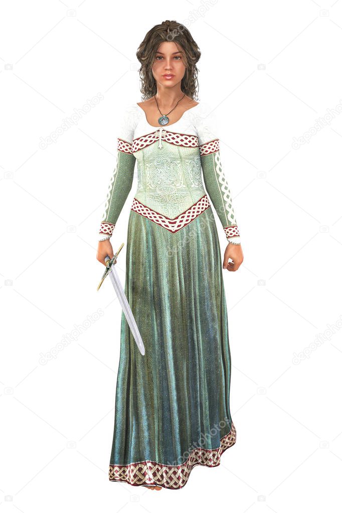 An isolated 3D digital illustration of a noble woman dressed in medieval costume. Particularly suited to book cover art and design in the historical and highlander romance, fantasy, elven genres.