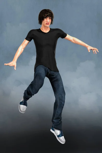 Male 3D urban fantasy paranormal character leaping into the air. This figure is rendered in a softer illustrative style particularly suited to book cover art and a range of artwork uses. One of a series.