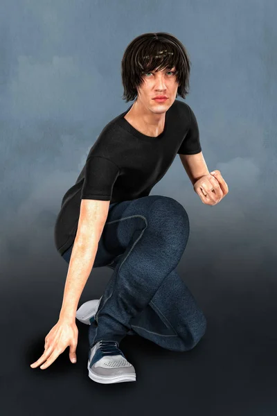 Male 3D urban fantasy paranormal character in magical pose knelt on ground. This figure is rendered in a softer illustrative style particularly suited to book cover art and a range of artwork uses. One of a series.