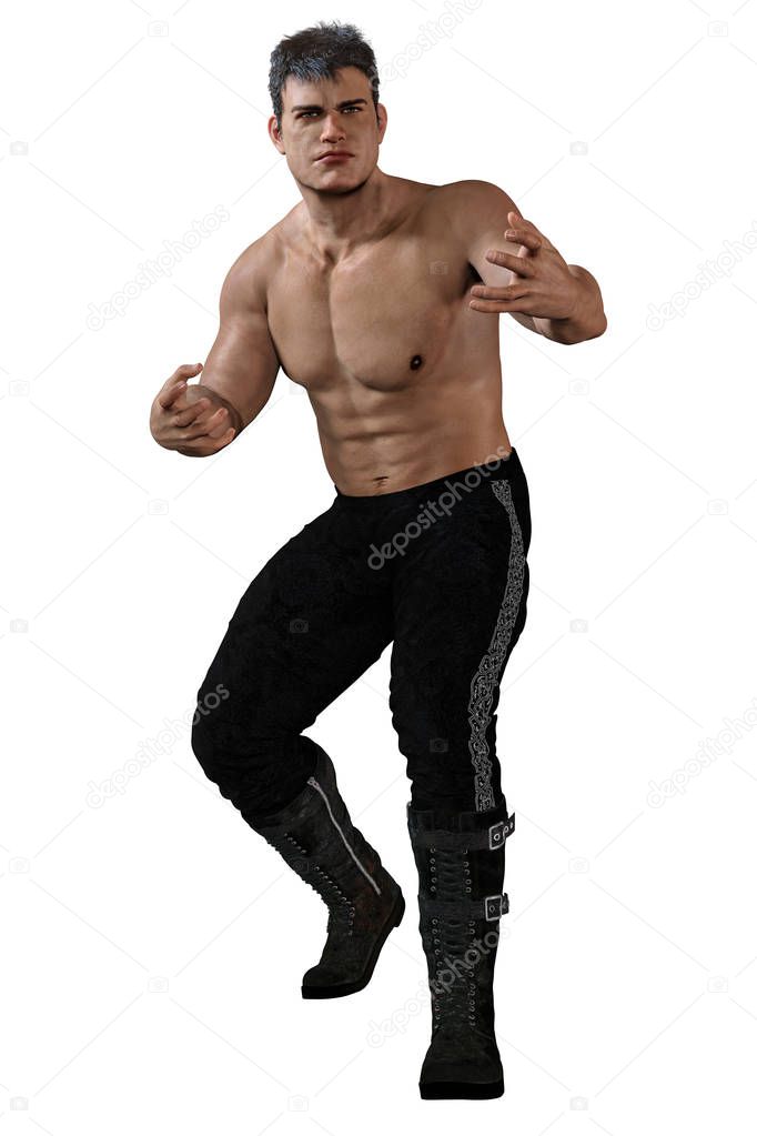 Full figure CGI shirtless fantasy handsome man ideal for urban fantasy, science fiction, highlander and paranormal genres, in a ready to defend or fight pose. One of a series.
