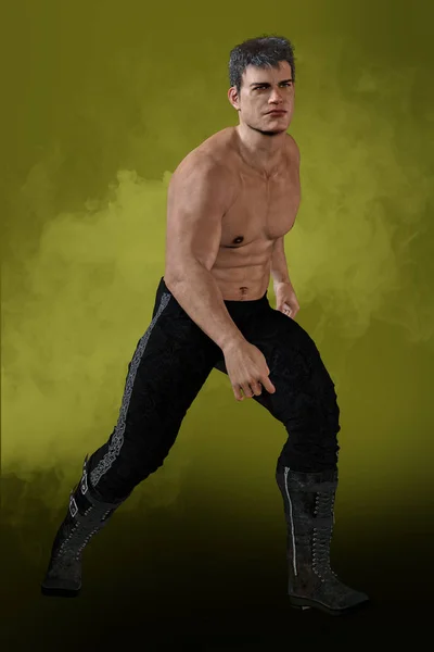 Full figure CGI shirtless fantasy handsome man ideal for urban fantasy, science fiction, highlander and paranormal genres, in a ready to defend or fight pose. One of a series.