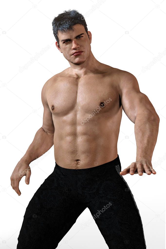 Render of a shirtless fantasy handsome man ideal for romance, urban fantasy, science fiction, highlander and paranormal genres, in a ready to defend or fight pose. One of a series.