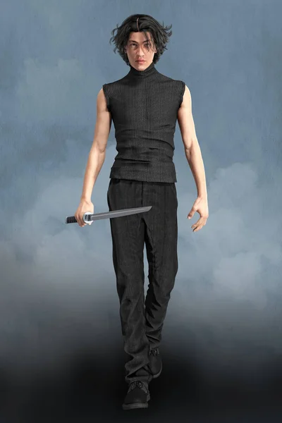 Personagem Paranormal Fantasia Urbana Masculino Segurando Uma Espada Katana Esta — Fotografia de Stock