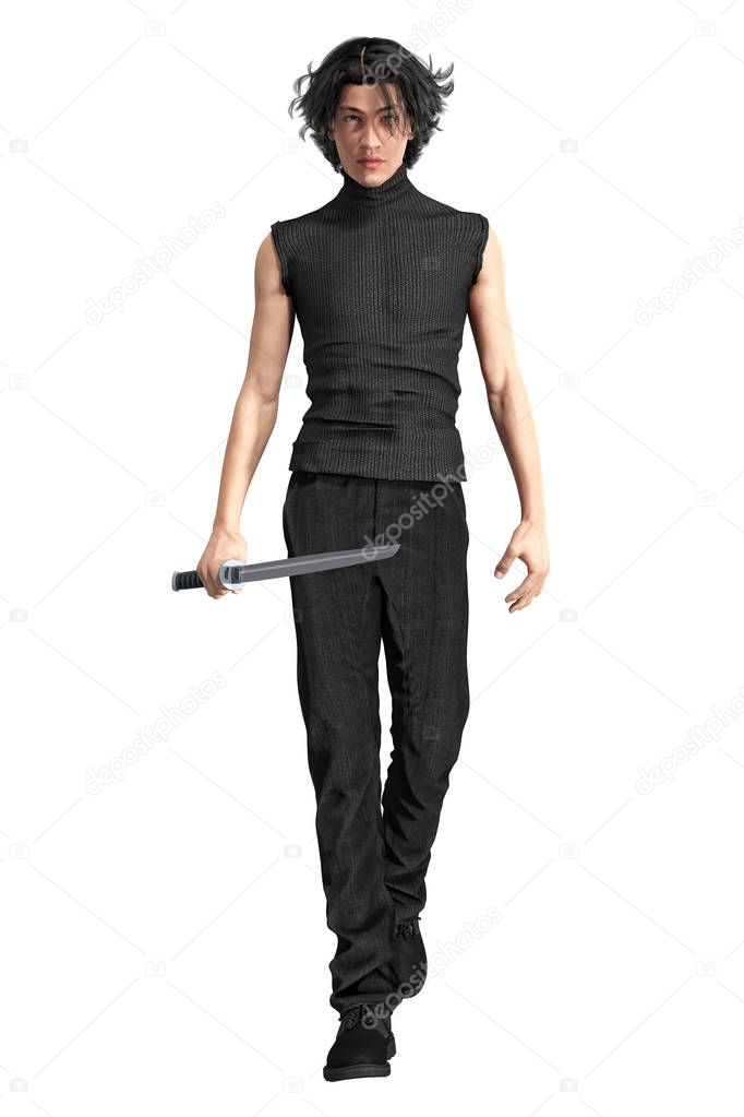 Male 3D urban fantasy paranormal character holding a katana sword. This figure is rendered in a softer illustrative style particularly suited to book cover art and a range of artwork uses. One of a series.