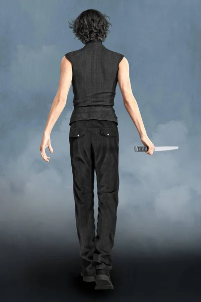 Rending of a Male 3D urban fantasy paranormal character holding a katana sword walking away from the camera. This figure is rendered in a softer illustrative style particularly suited to book cover art and a range of artwork uses. One of a series.