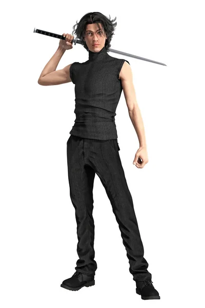 Bir katana kılıcı tutan bir erkek 3d kentsel fantezi paranormal karakterinin paralayan. Bu rakam daha yumuşak bir açıklayıcı stilde özellikle kitap kapak resmi için uygun işlenir ve resmi bir dizi kullanır. Biri bir dizi.
