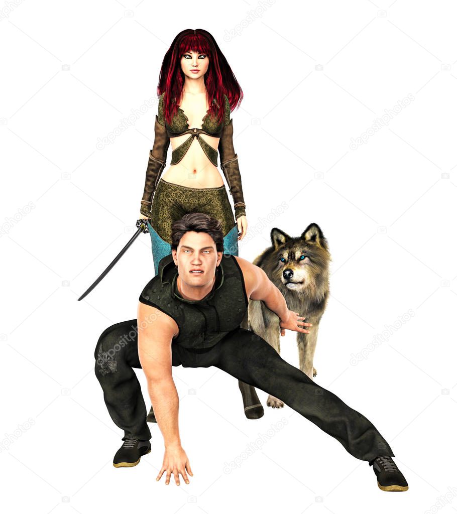 3D Illustration of a fantasy couple with a wolf ready to fight. Rendered in a softer style suitable for book cover design, these characters are particularly suited to fantasy, Gamelit, superhero, sci-fi, and LitRPG style and a number of other genres.