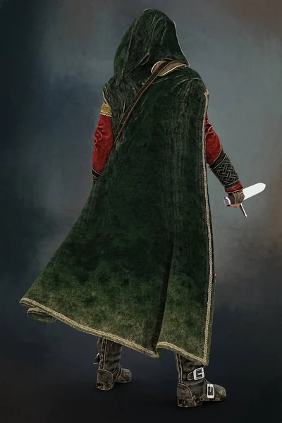 3D digital rendering of a cloaked fantasy medieval ranger or nobleman with his back turned to the camera. Particularly suited to book cover art and design in the historical and highlander romance, fantasy, elven genres.