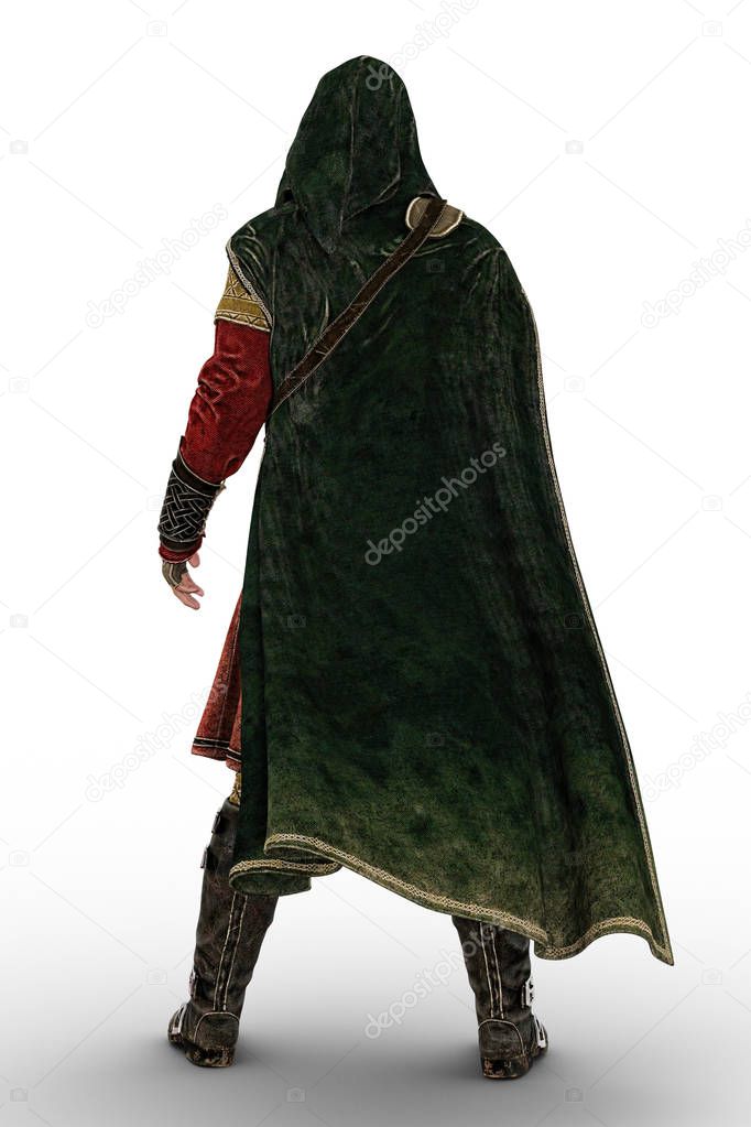 3D digital rear view rendering of a cloaked fantasy medieval ranger or nobleman. Particularly suited to book cover art and design in the historical and highlander romance, fantasy, elven genres.