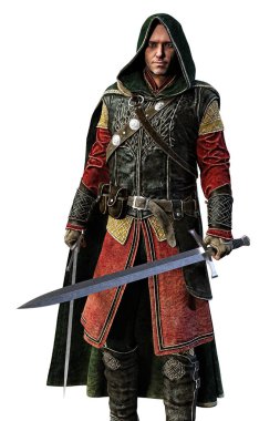 bir erkek fantezi Ortaçağ savaşçı veya asilzade iki kılıç ile 3D dijital işleme. Uygun özellikle kitap örtmek sanat ve tasarım tarihi ve highlander romantizm, fantezi, Elf Tarzlar.