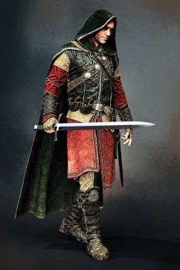 bir erkek fantezi Ortaçağ savaşçı ya da soylu bir kılıç ile 3D dijital işleme. Uygun özellikle kitap örtmek sanat ve tasarım tarihi ve highlander romantizm, fantezi, Elf Tarzlar.